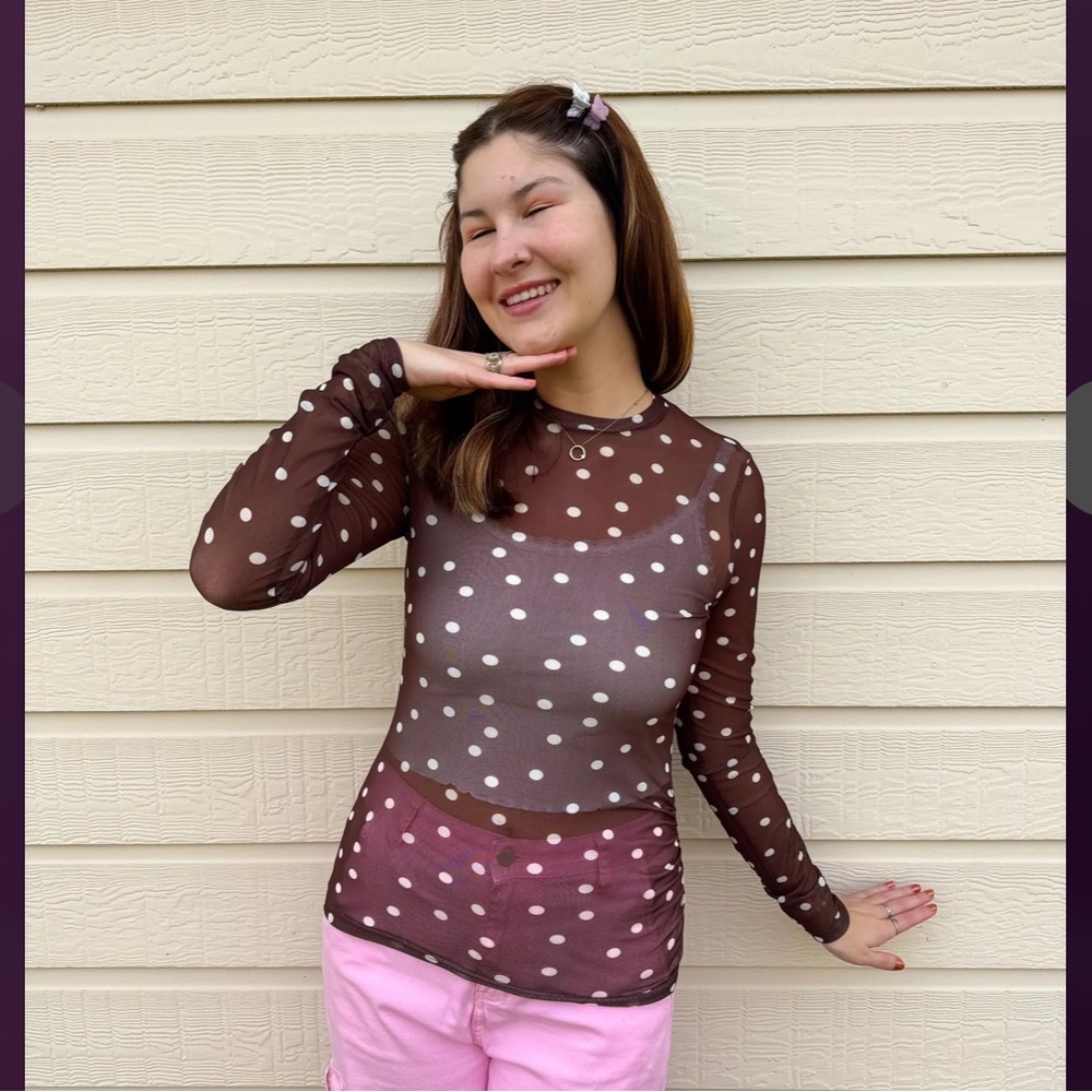 Brown Polka Dot Mesh Top